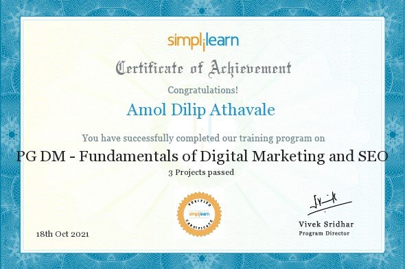 PGDM Purdue Fundamentals of Digital Marketing Certificate of Achievement