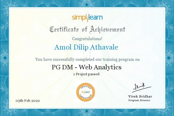 PGDM Purdue Web Analytics Certificate of Achievement