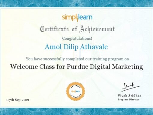 PGDM Purdue Welcome Class for Purdue Digital Marketing Certificate of Achievement