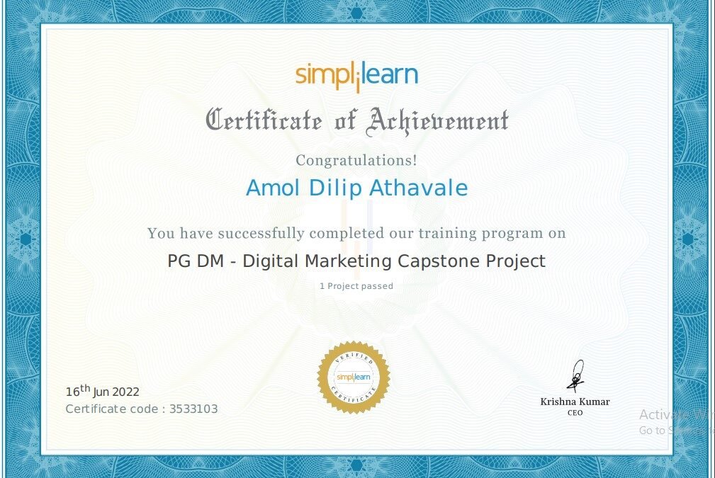 PGDM Purdue Digital Marketing Capstone Project Certificate of Achievement