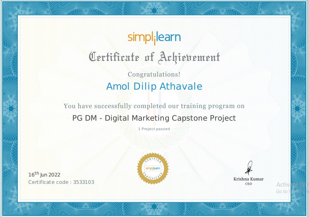 PGDM Purdue Digital Marketing Capstone Project Certificate of Achievement - Amol Athavale Web Works